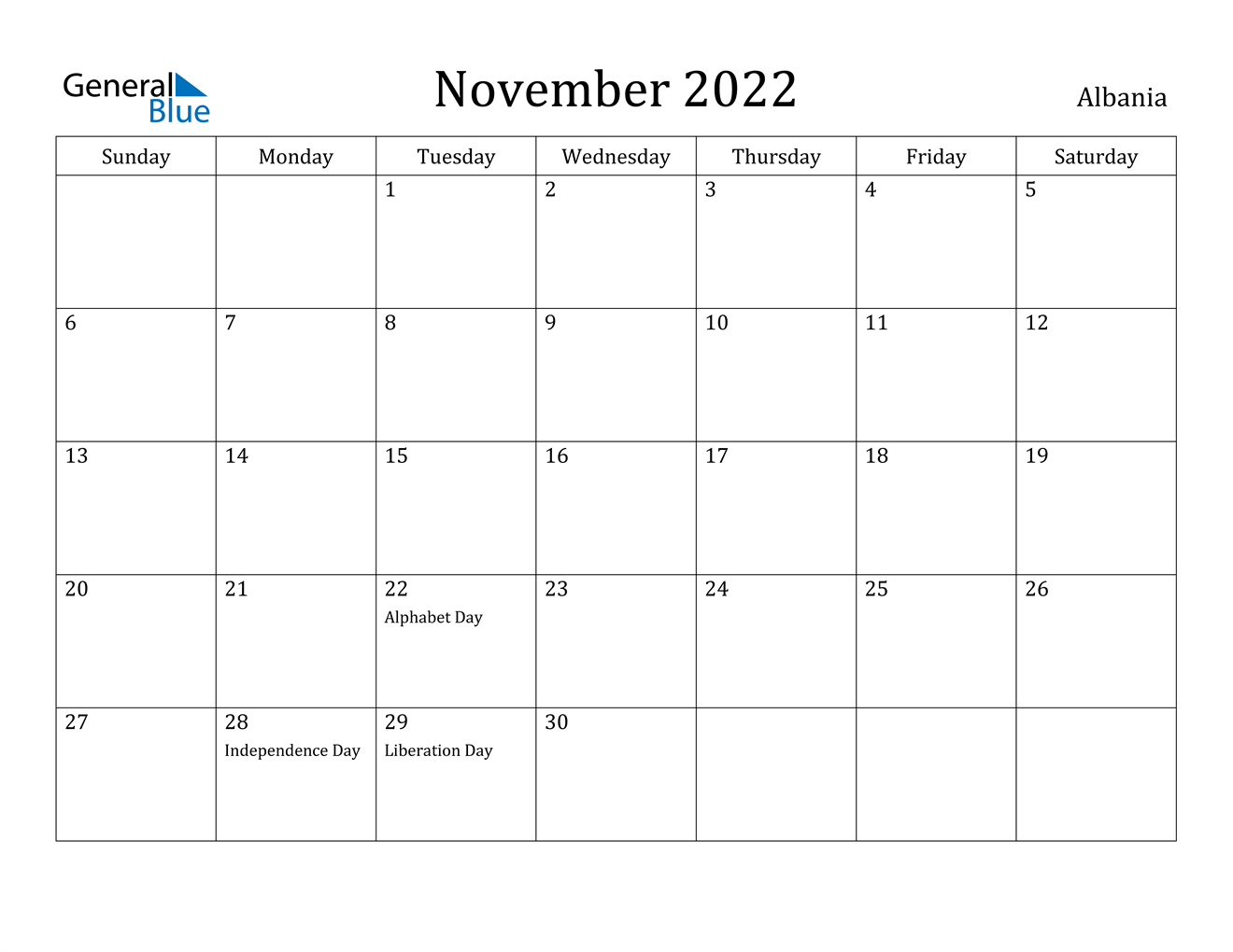 November 2022 Calendar - Albania