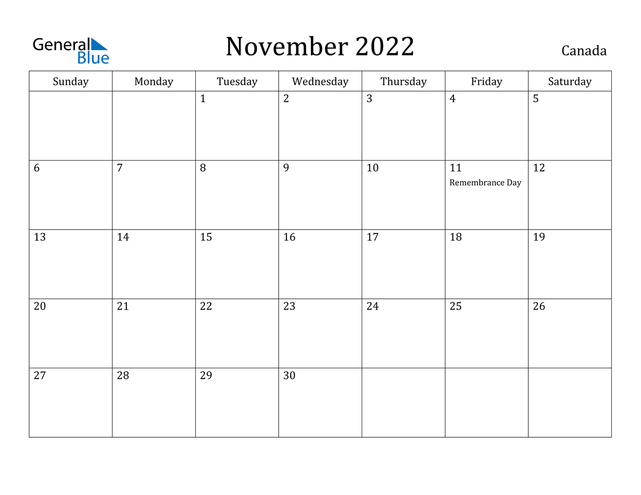 November 2022 Calendar - Canada