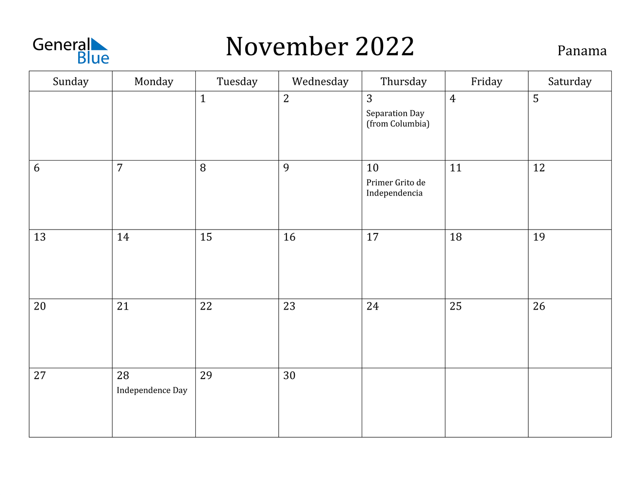 November 2022 Calendar - Panama