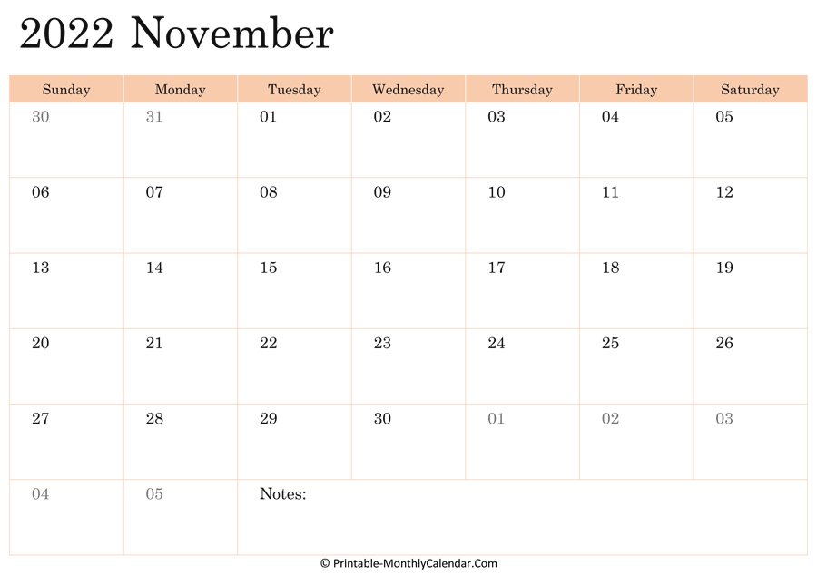 November 2022 Calendar Printable With Holidays