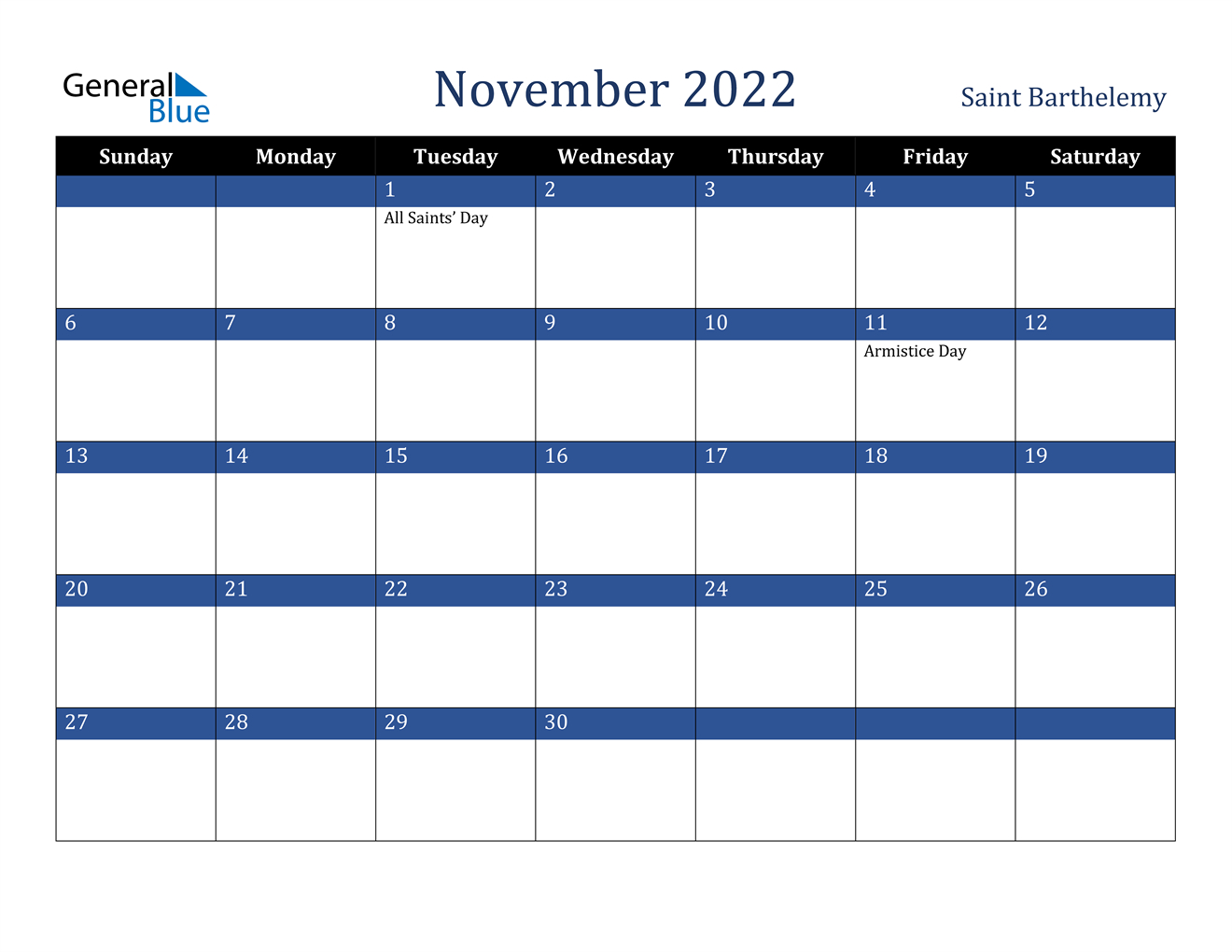 November 2022 Calendar - Saint Barthelemy