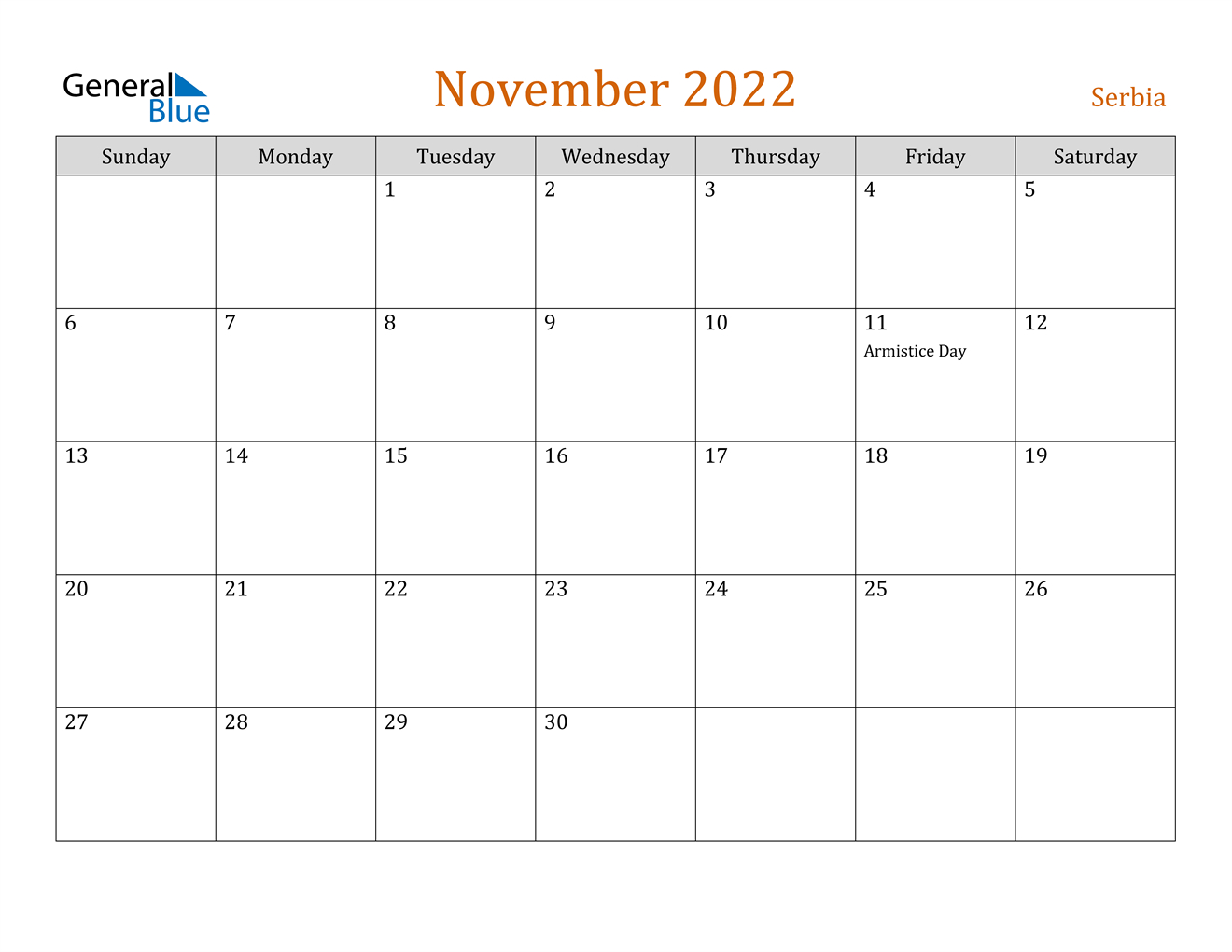 November 2022 Calendar - Serbia