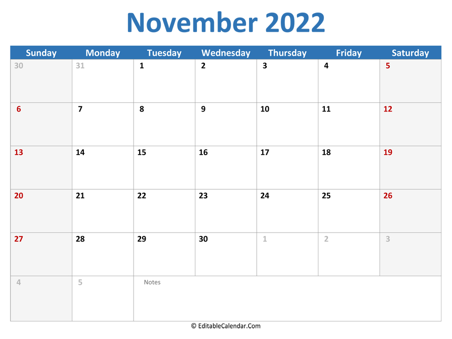 November 2022 Calendar Templates