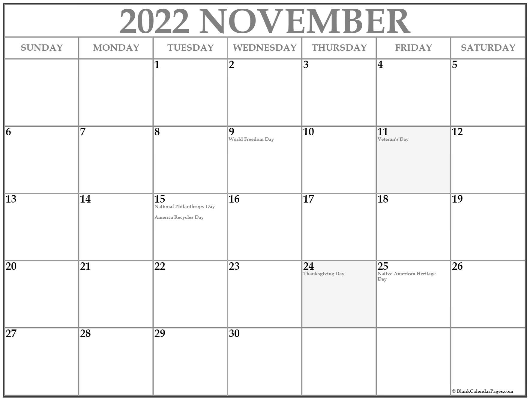 November 2022 Calendar With Holidays
