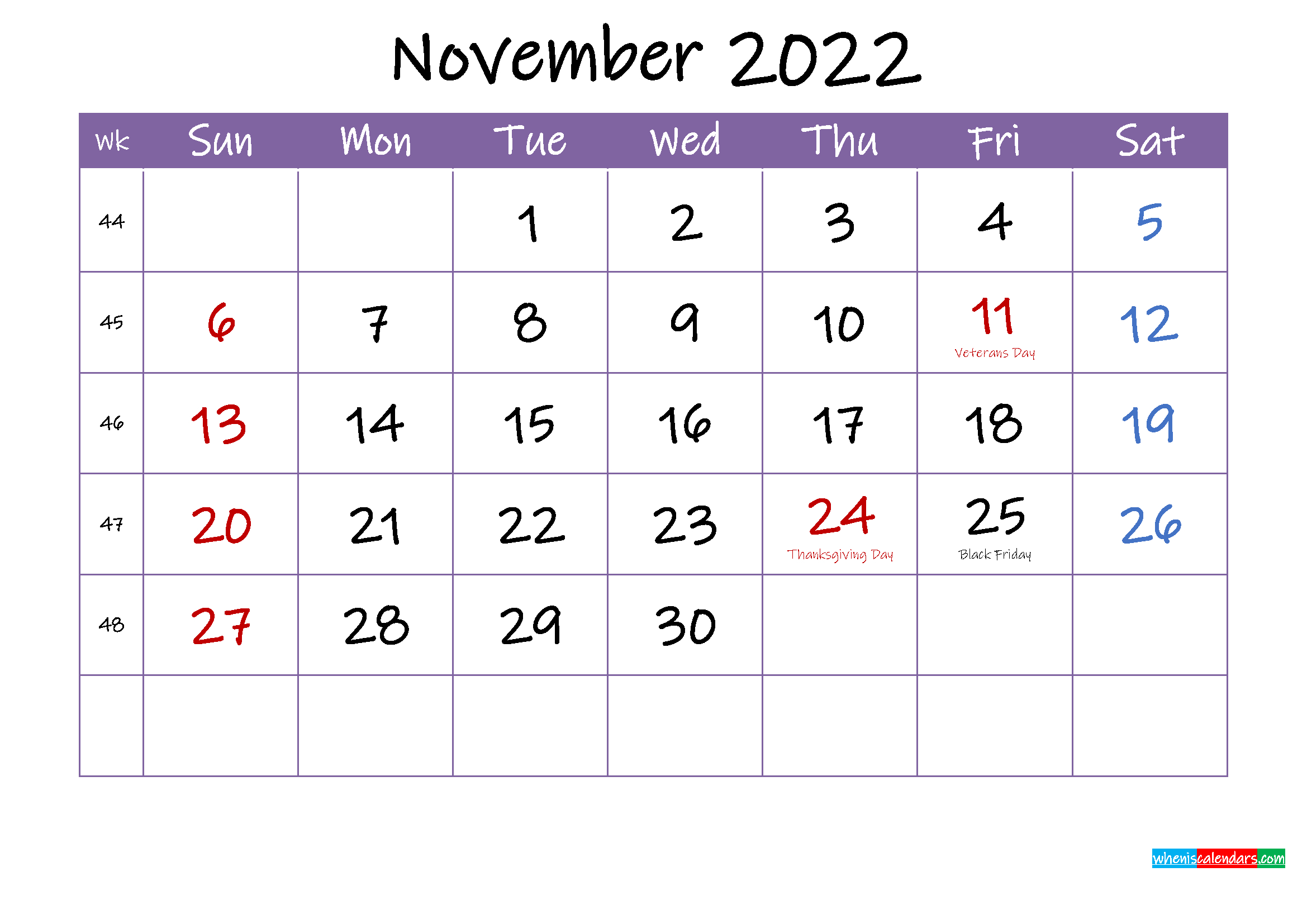 November 2022 Calendar With Holidays Printable - Template