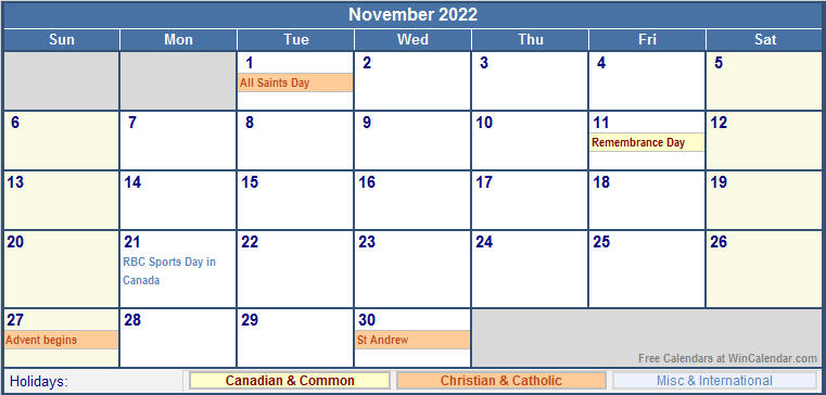 November 2022 Canada Calendar With Holidays For Printing