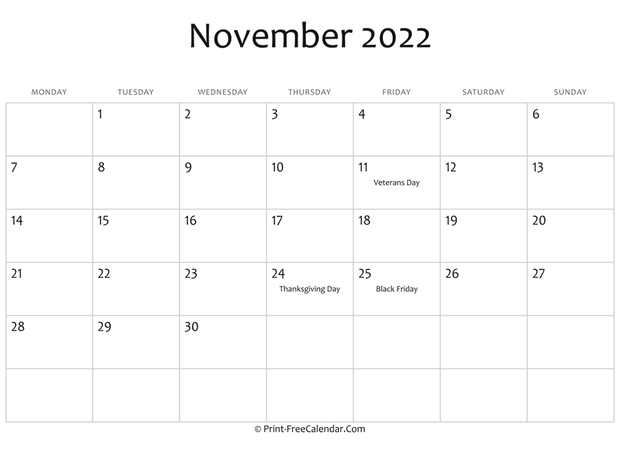 November 2022 Editable Calendar With Holidays