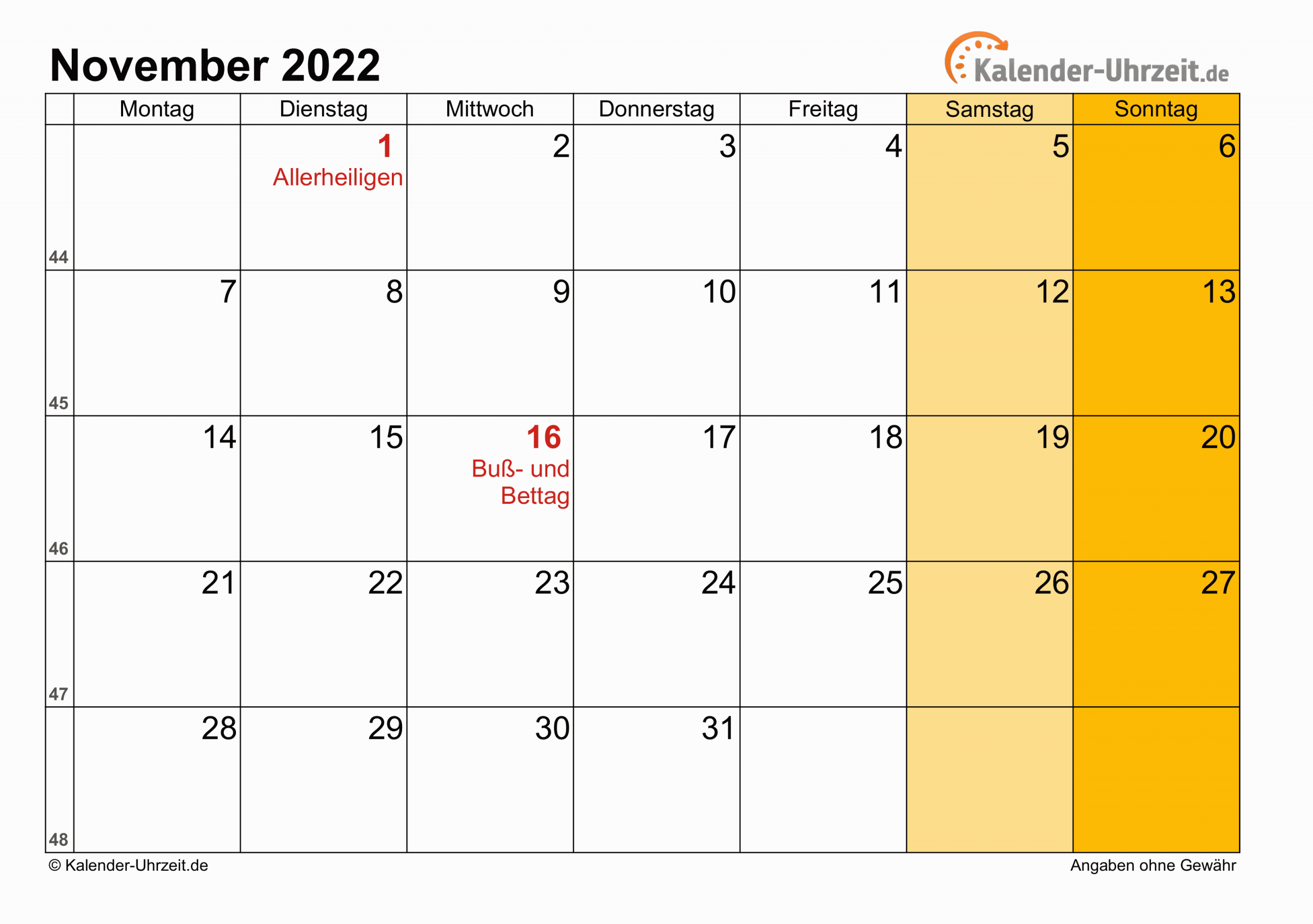 November 2022 Kalender Mit Feiertagen