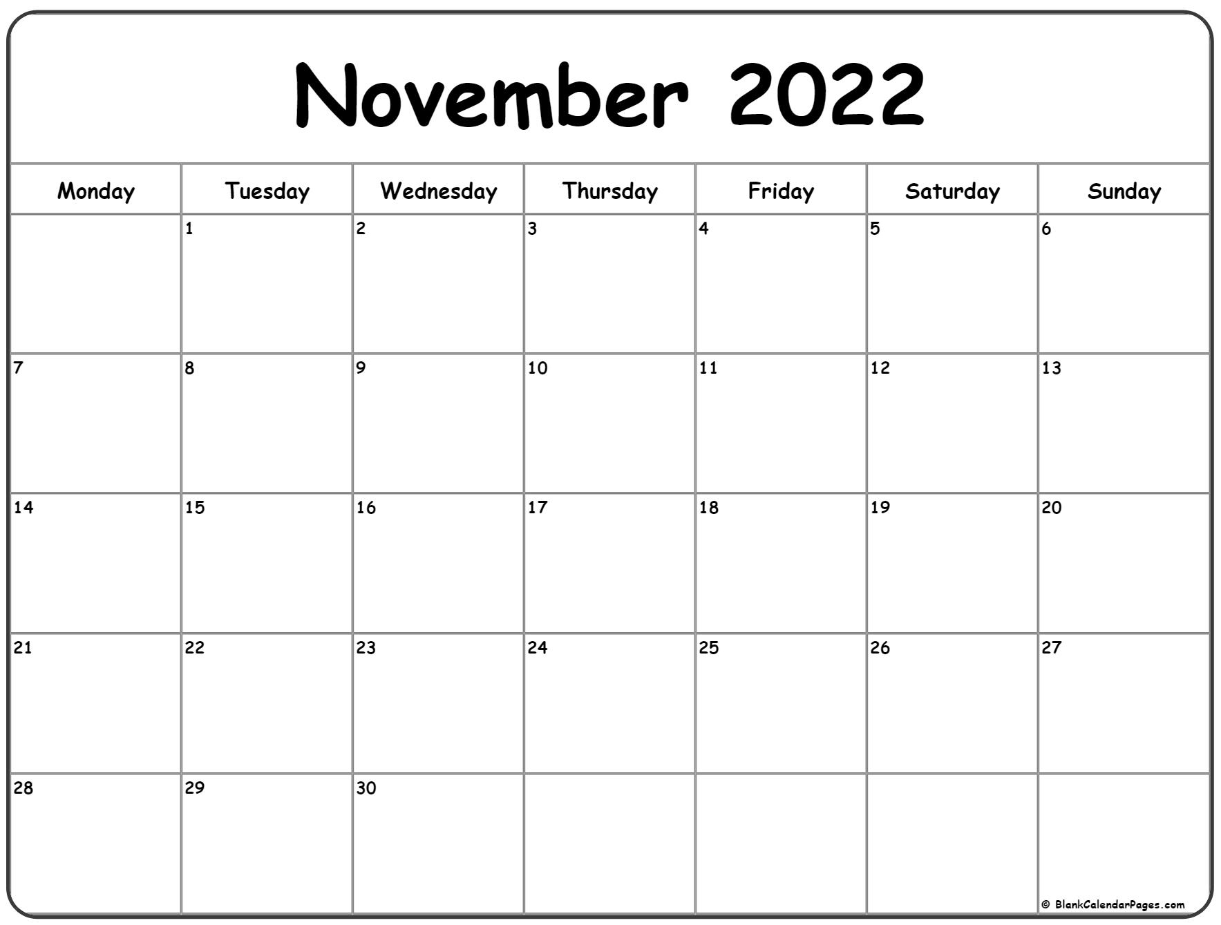 November 2022 Monday Calendar | Monday To Sunday