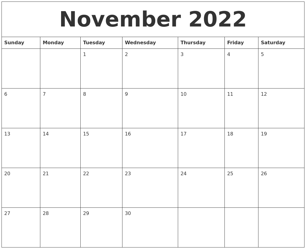 November 2022 Month Calendar Template