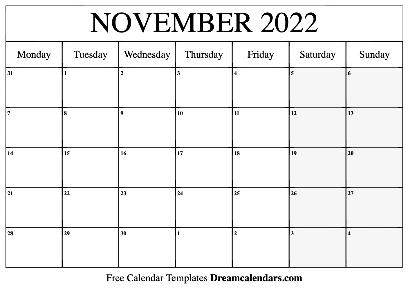November 2022 Monthly Calendar - December Calendar 2022