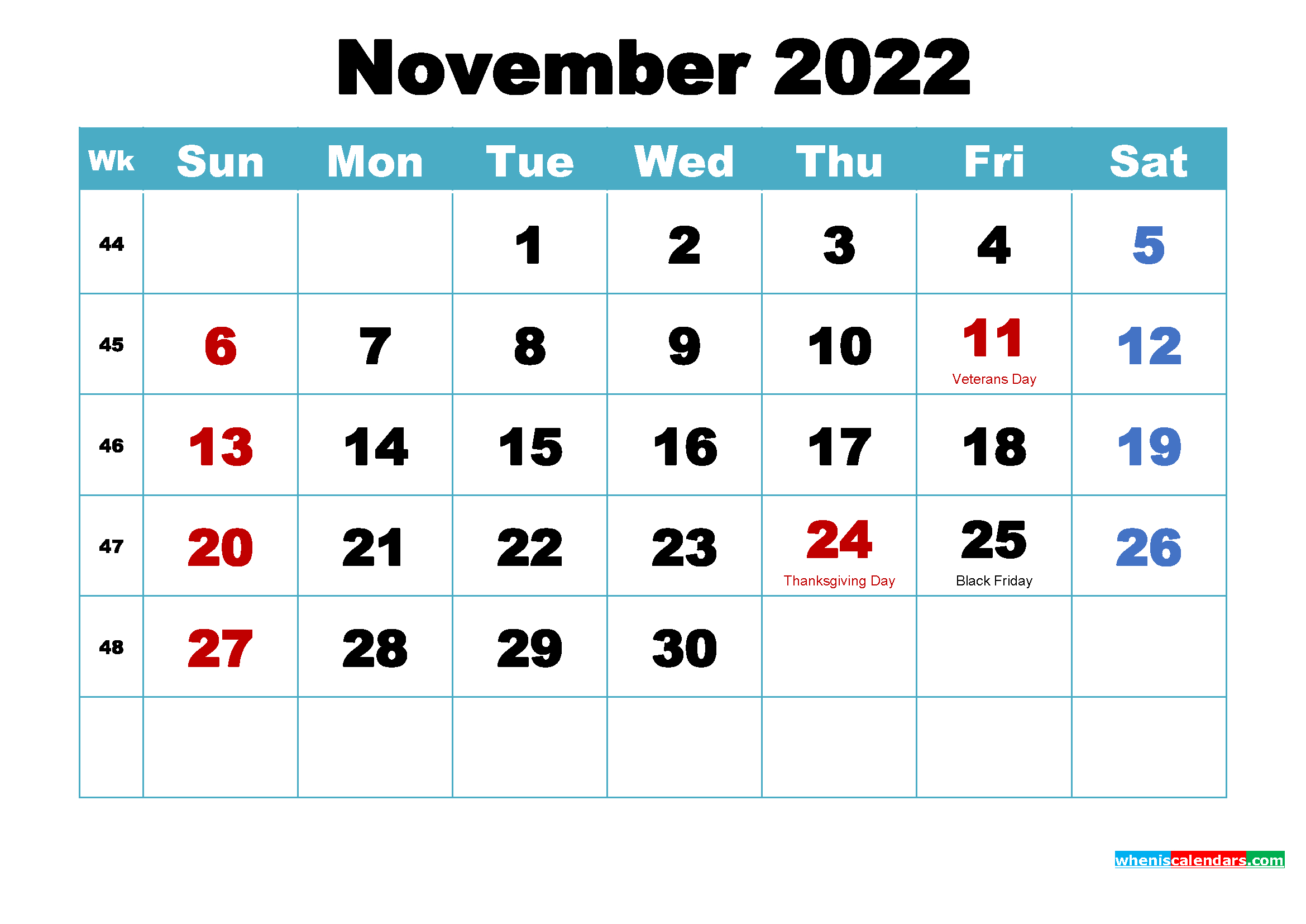 November 2022 Monthly Calendar - December Calendar 2022