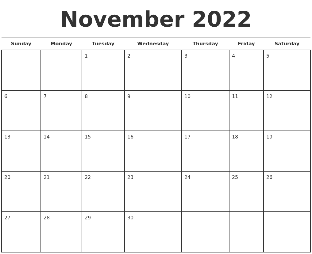 November 2022 Monthly Calendar Template