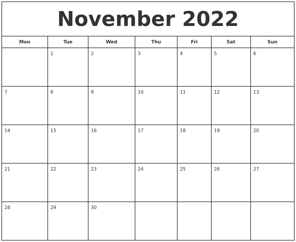 November 2022 Print Free Calendar