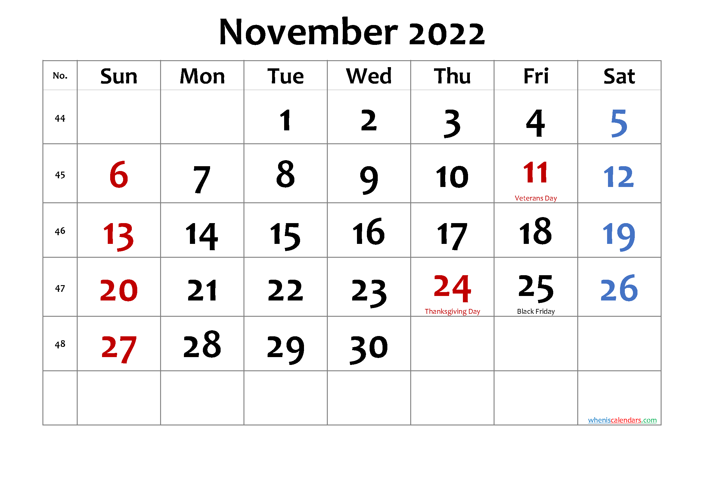 November 2022 Printable Calendar With Holidays