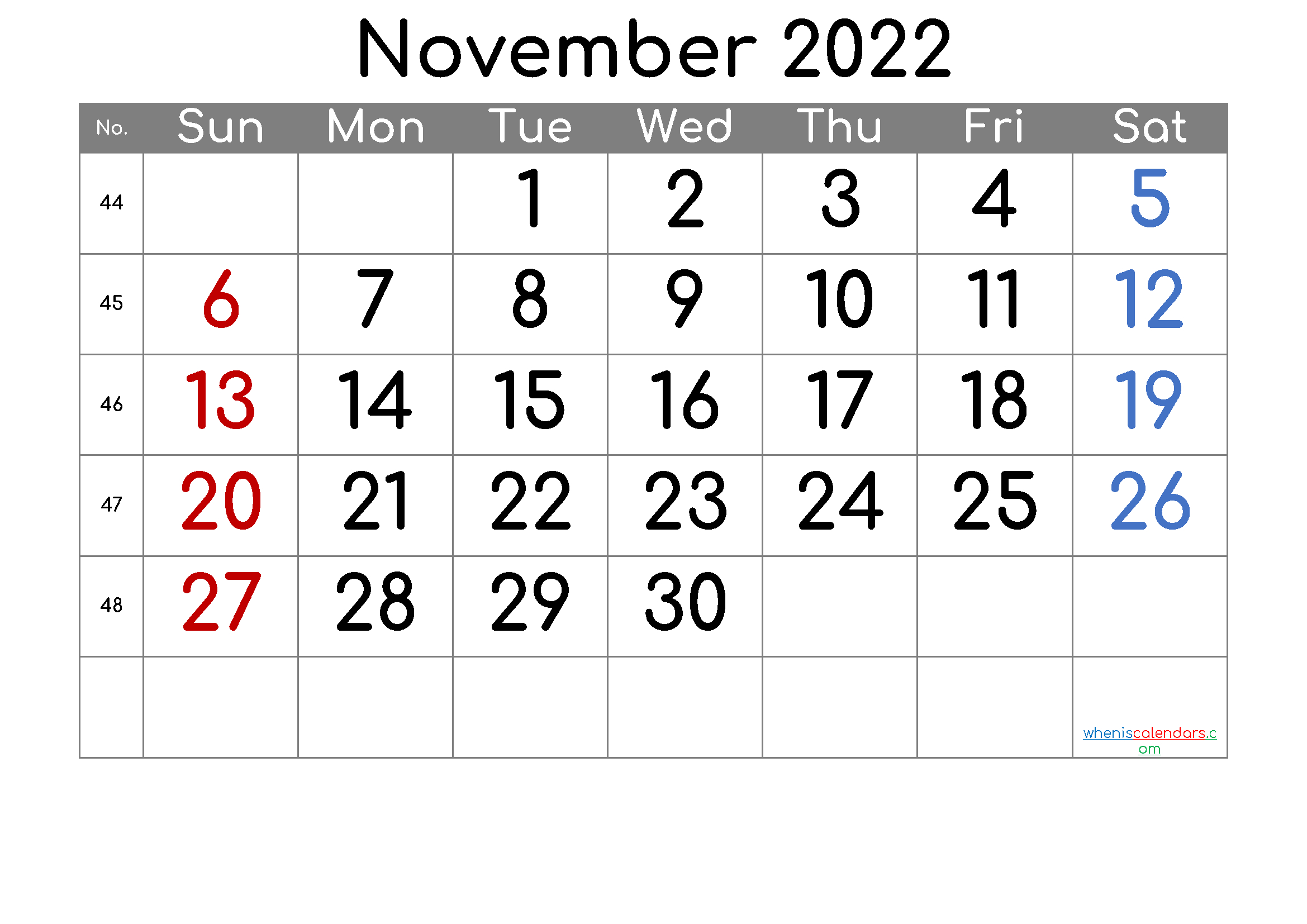 November 2022 Printable Calendar With Week Numbers [Free