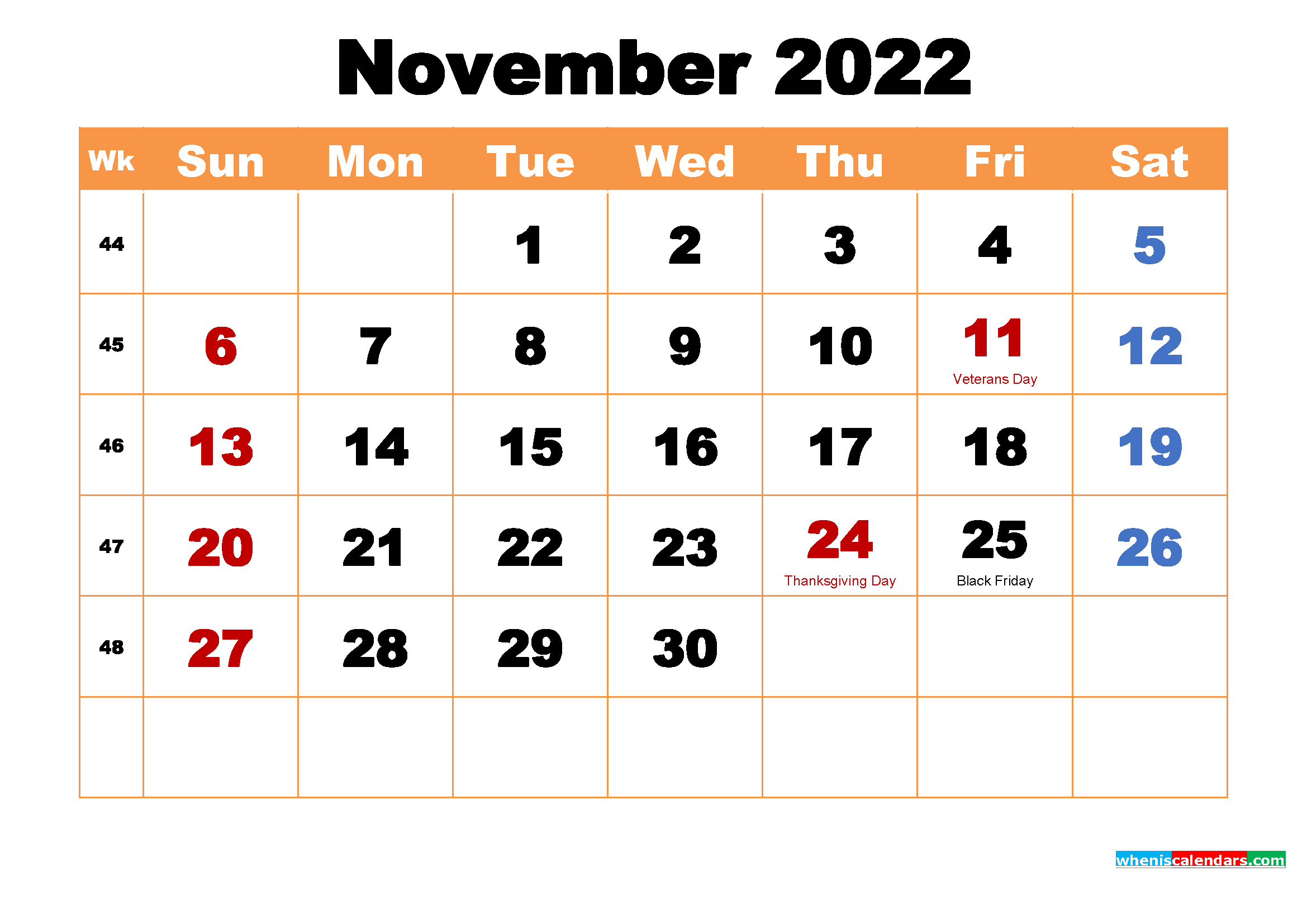 November 2022 Printable Monthly Calendar With Holidays
