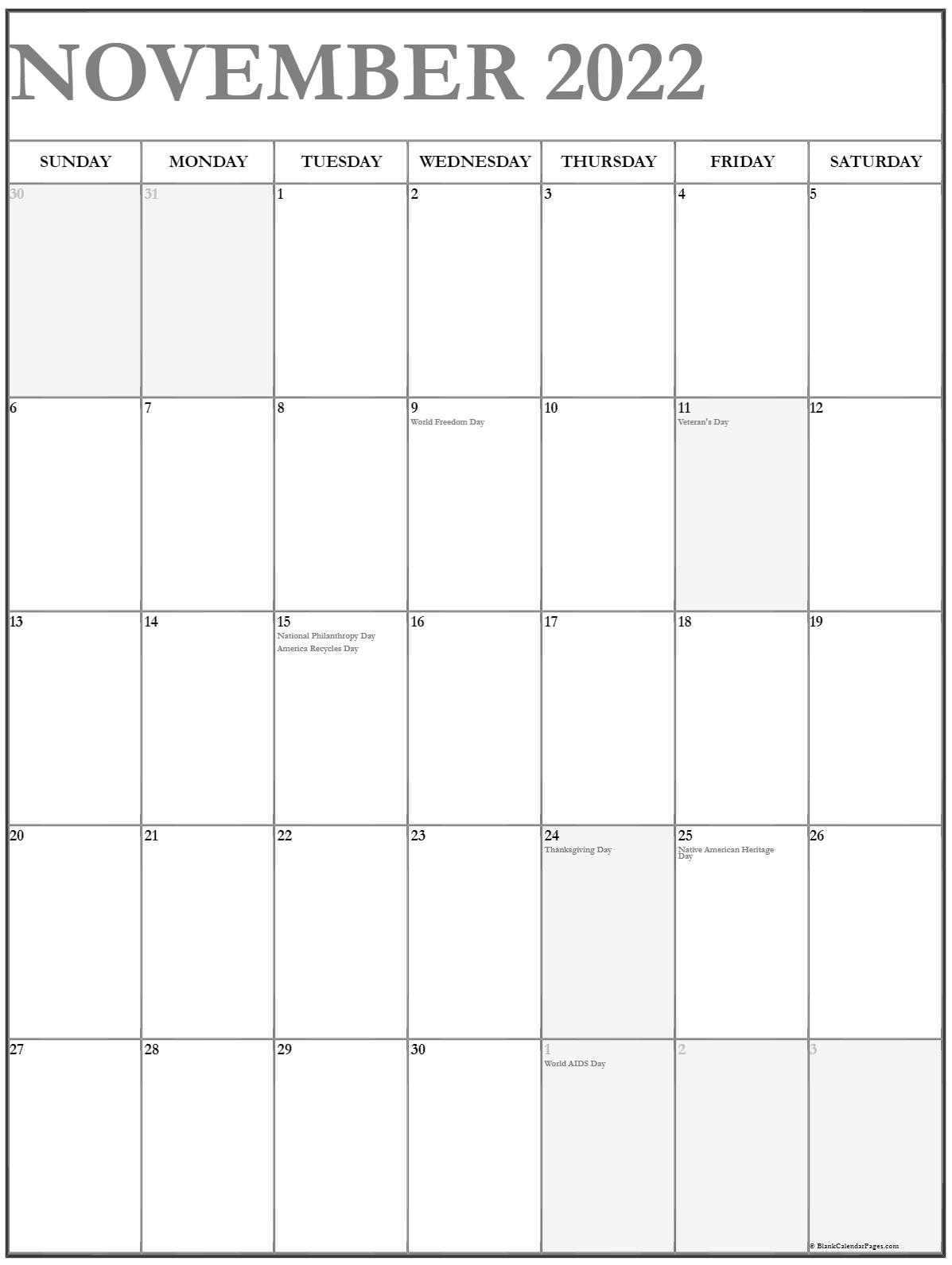 November 2022 Vertical Calendar | Portrait