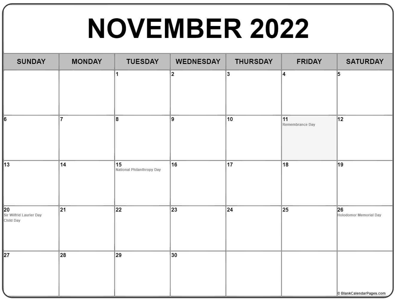 November 2022 With Holidays Calendar