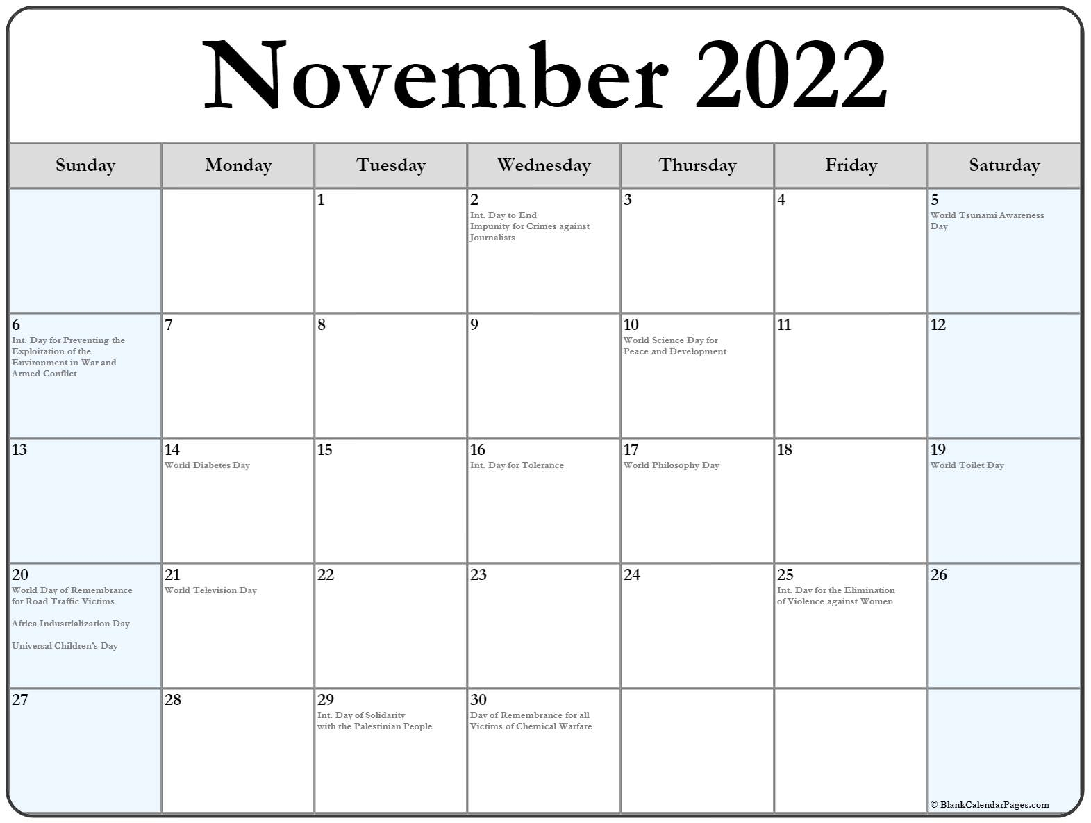 November 2022 With Holidays Calendar