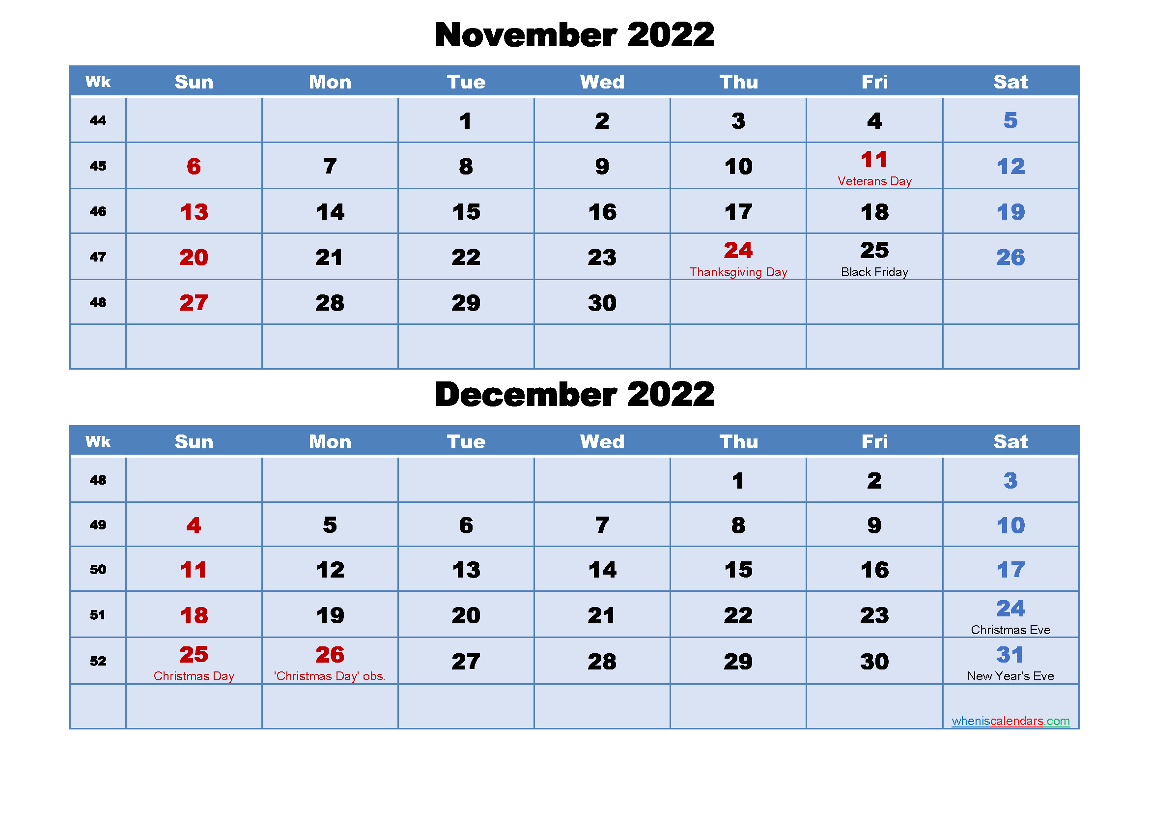 November And December 2022 Calendar With Holidays | Free