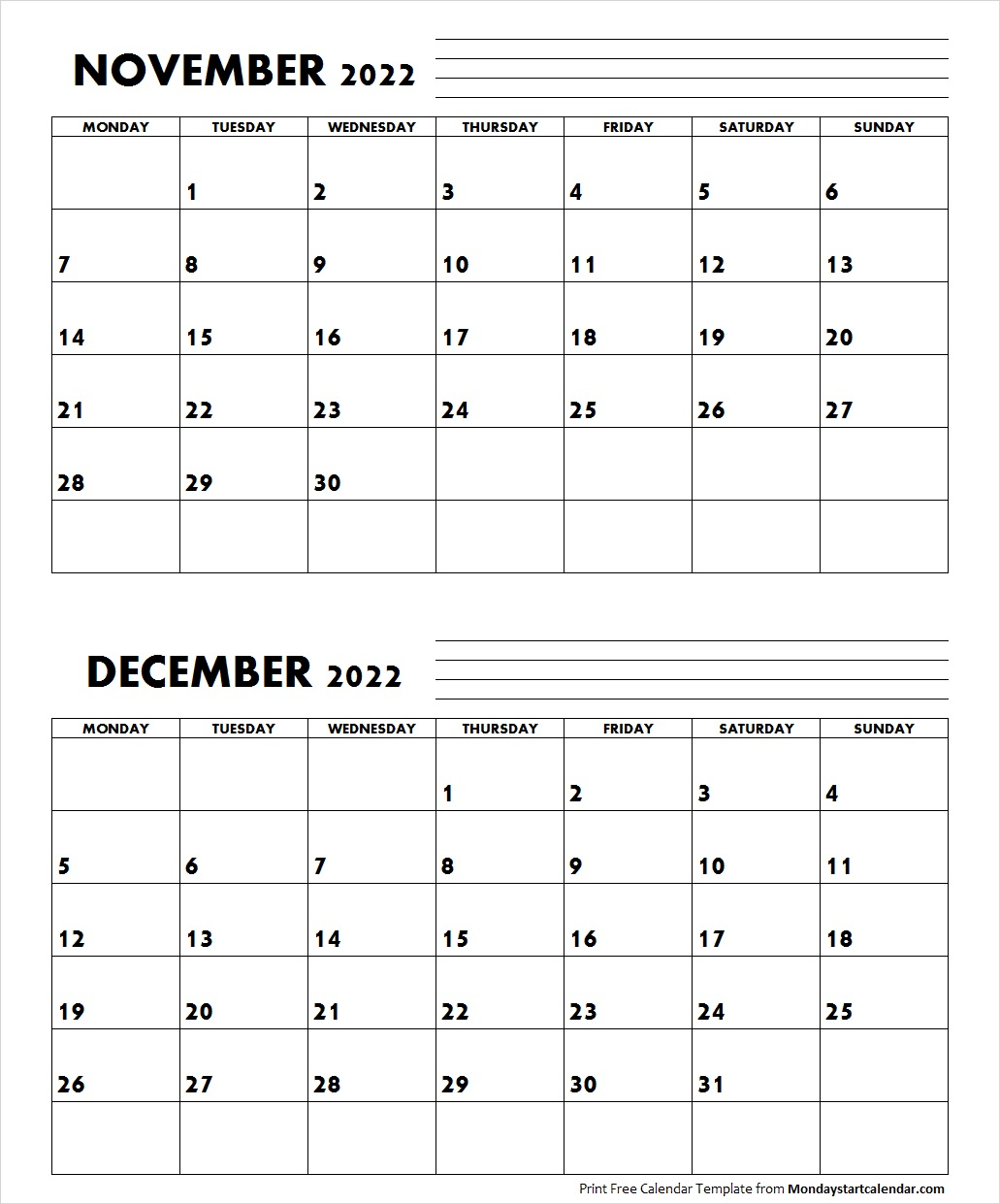 November December 2022 Calendar Monday Start | Two Months