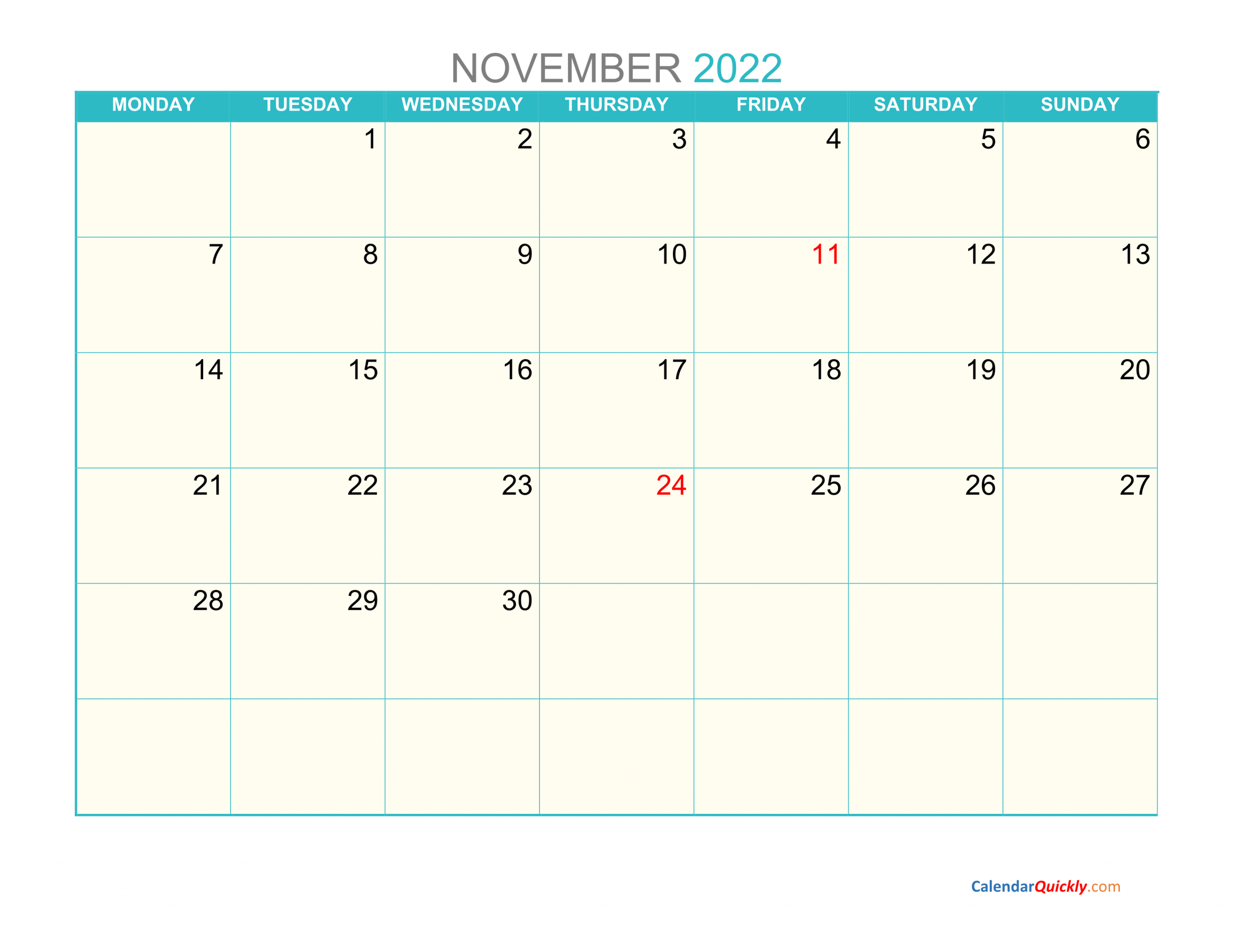 November Monday 2022 Calendar Printable | Calendar Quickly