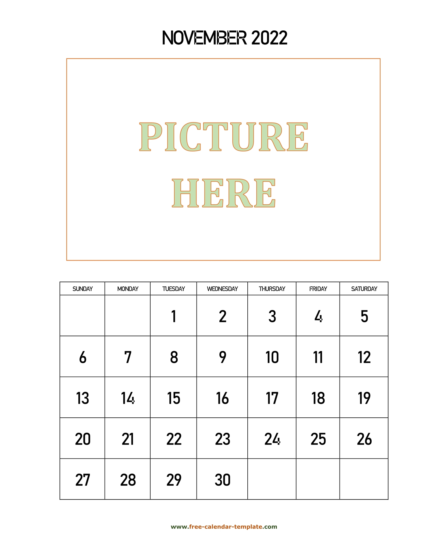 November Printable 2022 Calendar, Space For Add Picture