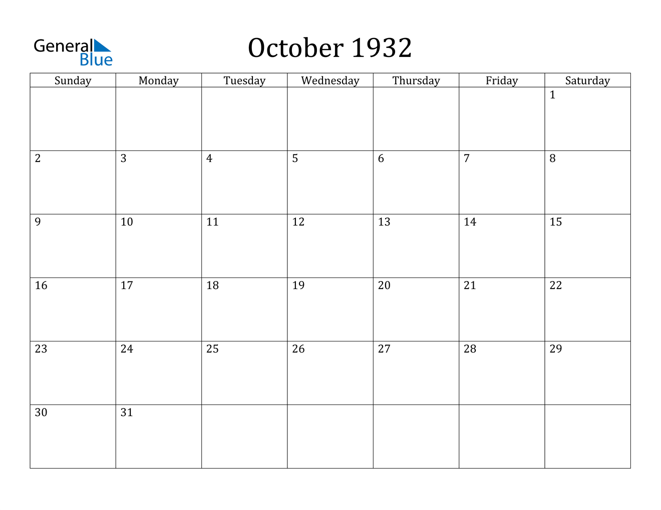October 1932 Calendar - Pdf Word Excel