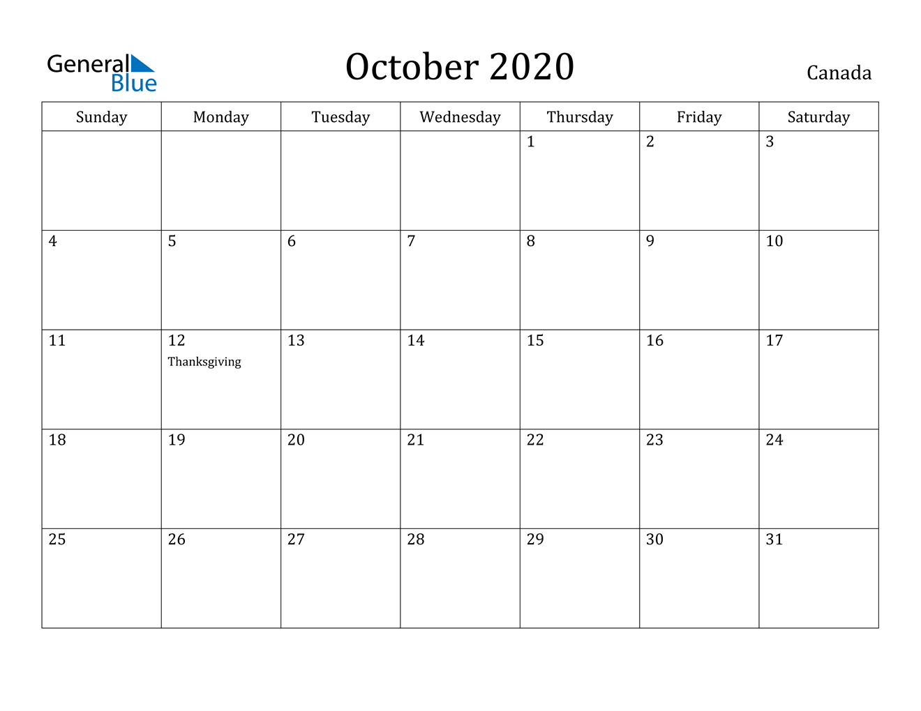 October 2020 Calendar - Canada