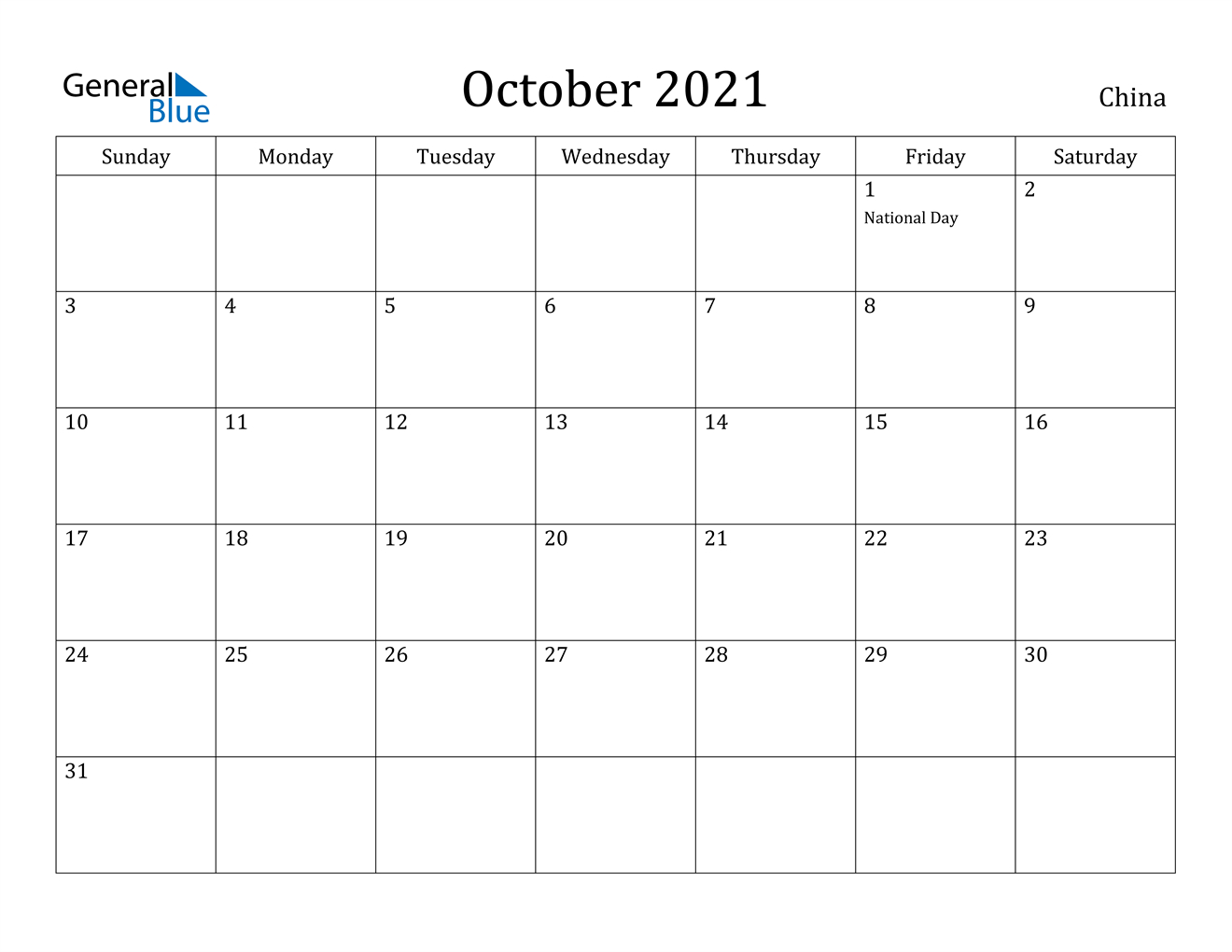 October 2021 Calendar - China