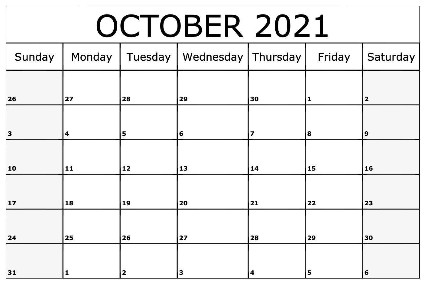 October 2021 Calendar Horizontally Free Layouts For