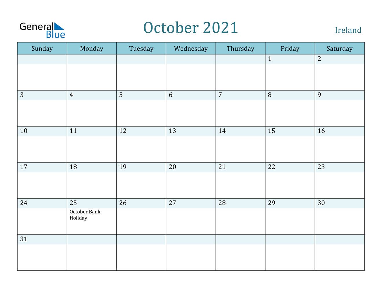 October 2021 Calendar - Ireland