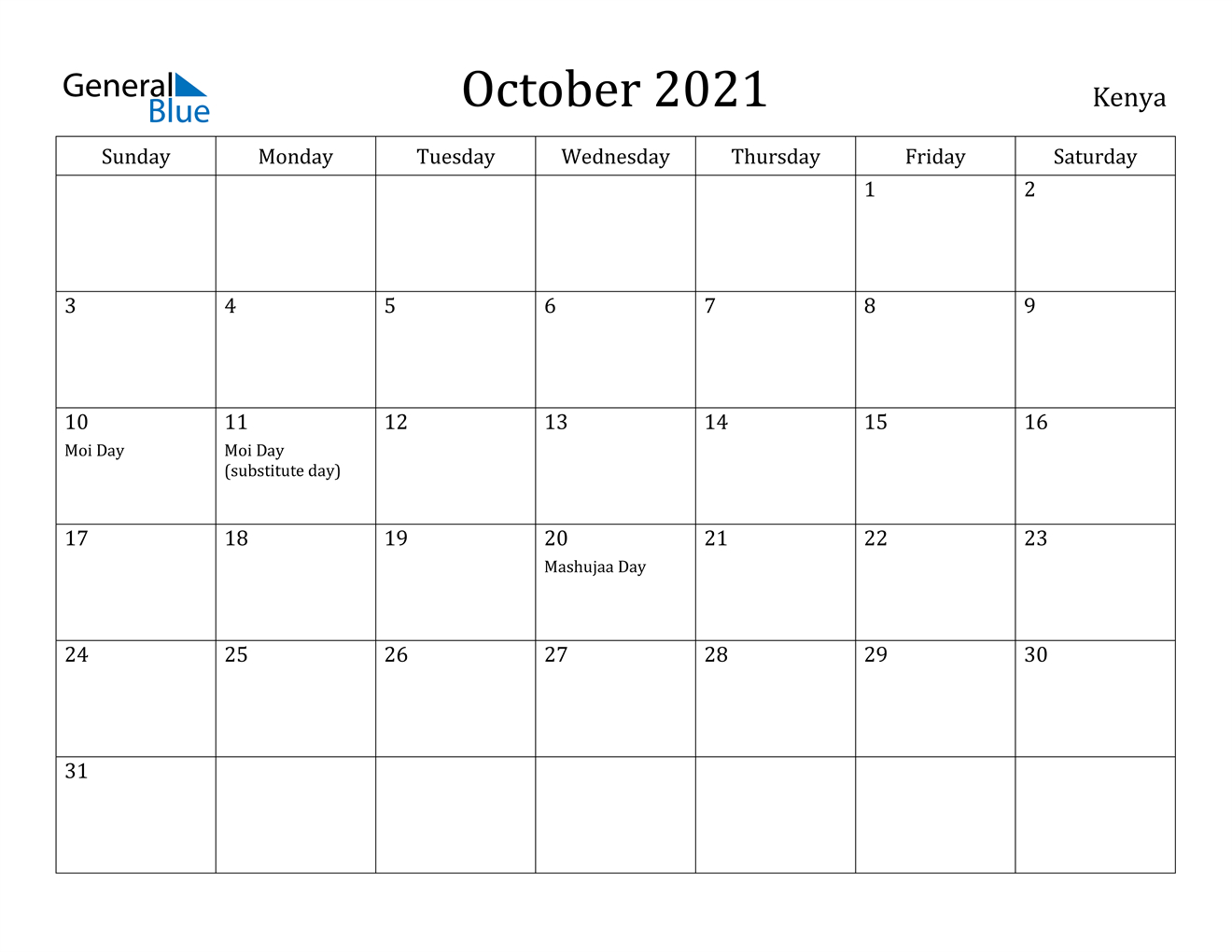 October 2021 Calendar - Kenya