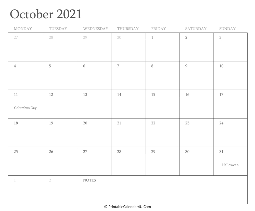 October 2021 Calendar Printable With Holidays