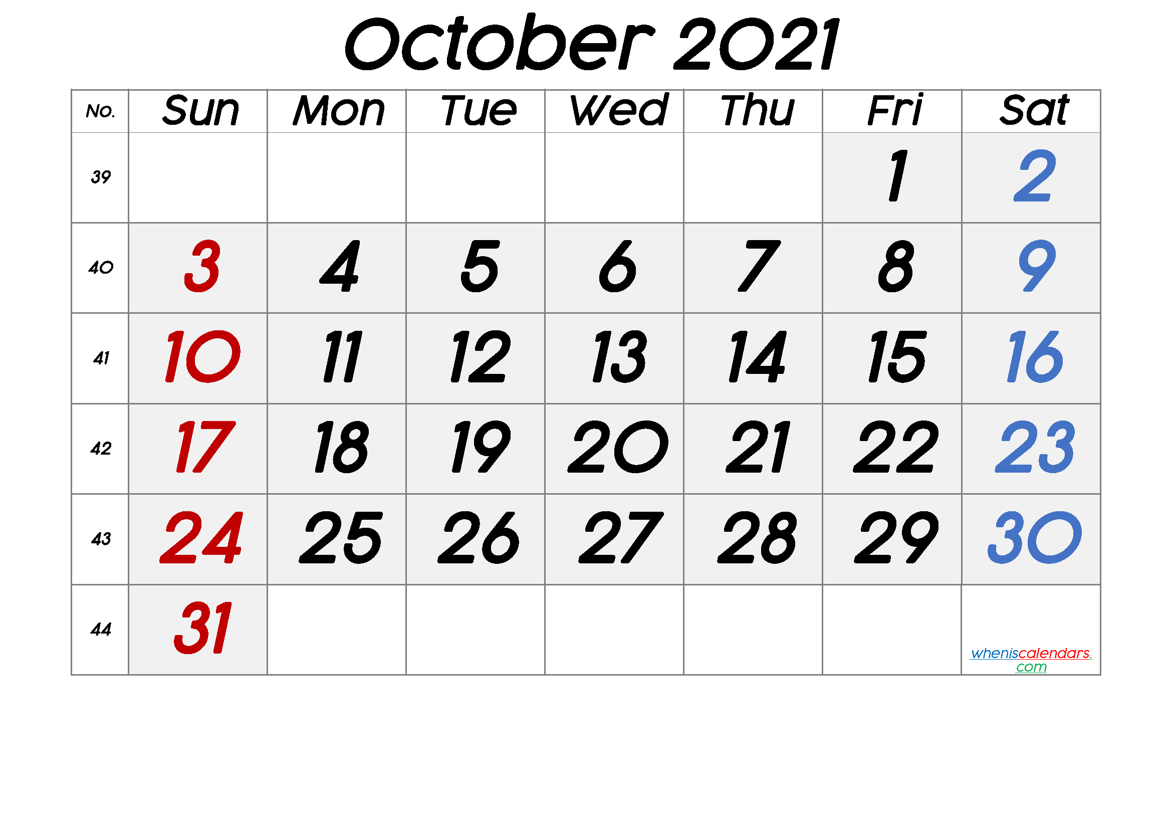 October 2021 Printable Calendar With Week Numbers [Free