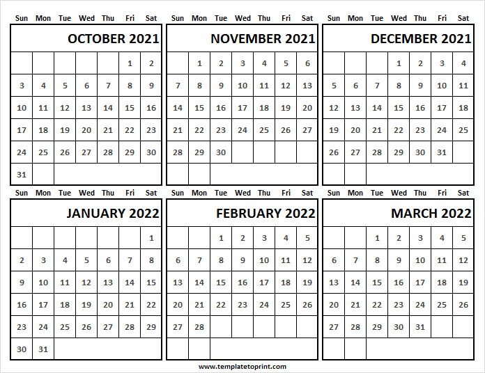 October 2021 To March 2022 Printable Calendar | 2021 Free