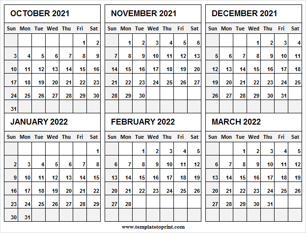 October 2021 To March 2022 Printable Calendar | 2021 Free