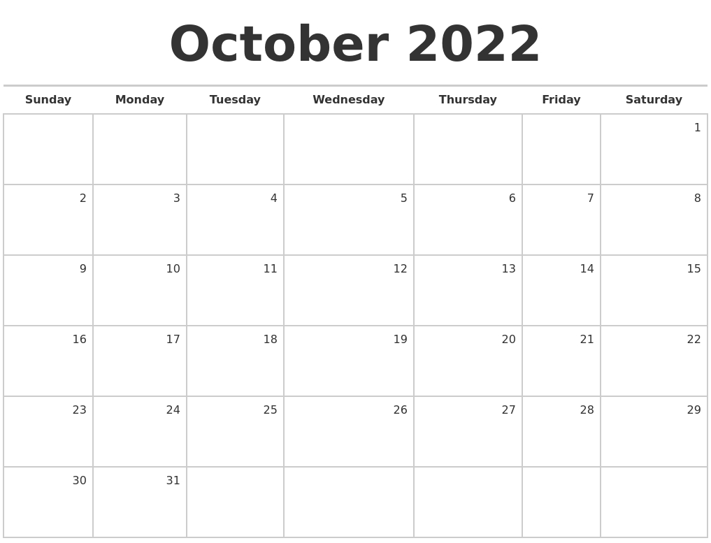 October 2022 Blank Monthly Calendar