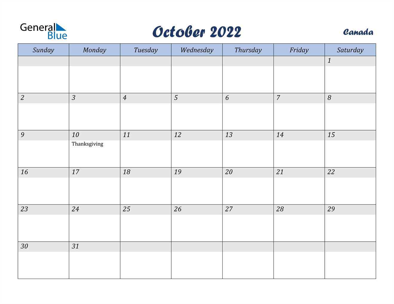 October 2022 Calendar - Canada