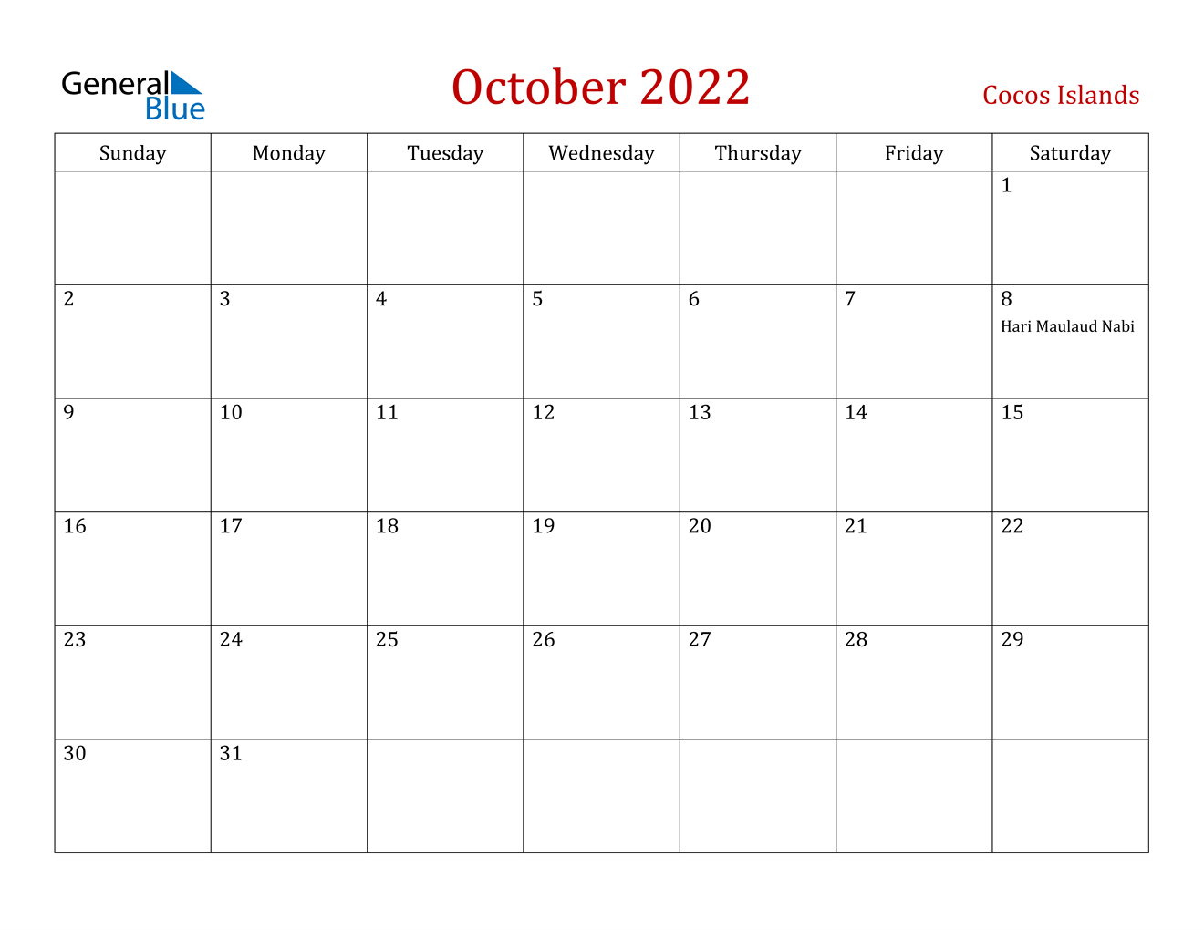 October 2022 Calendar - Cocos Islands