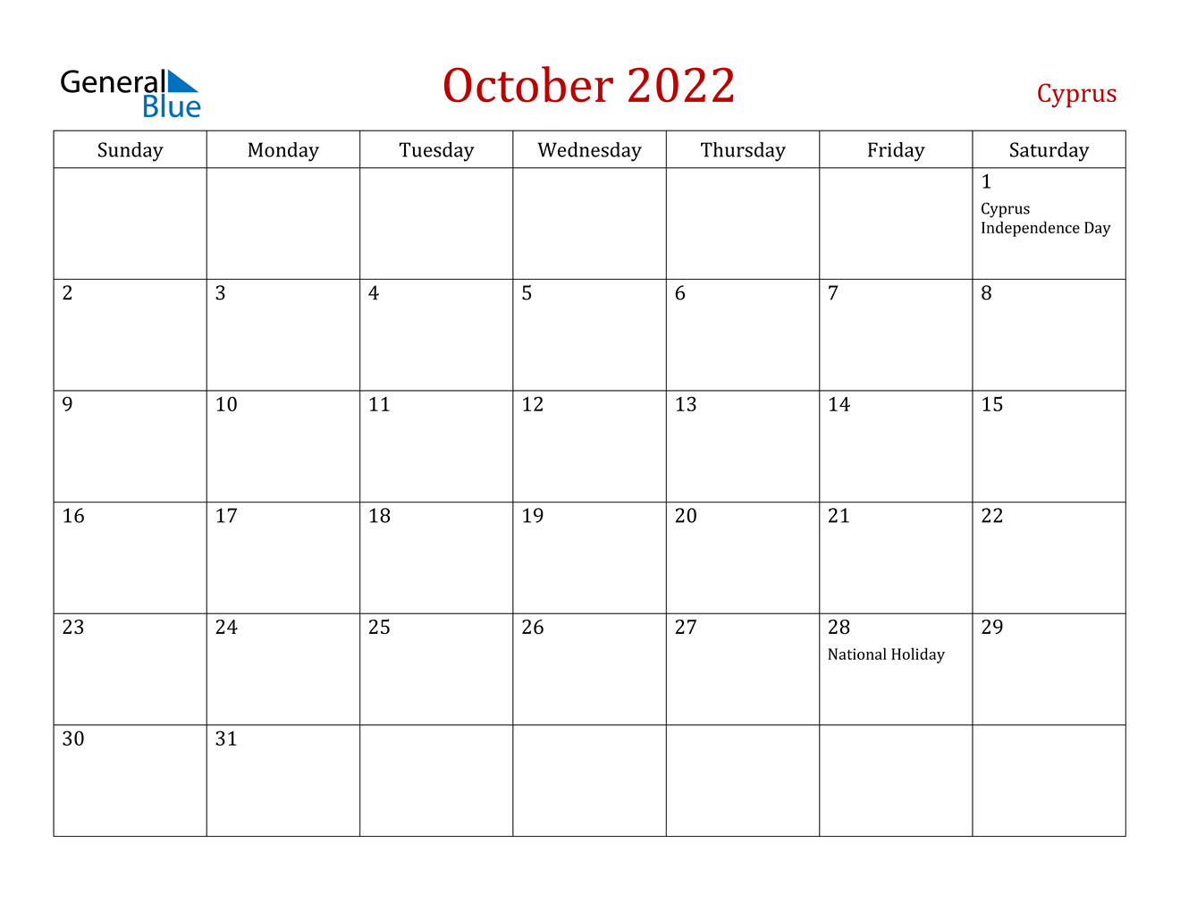 October 2022 Calendar - Cyprus