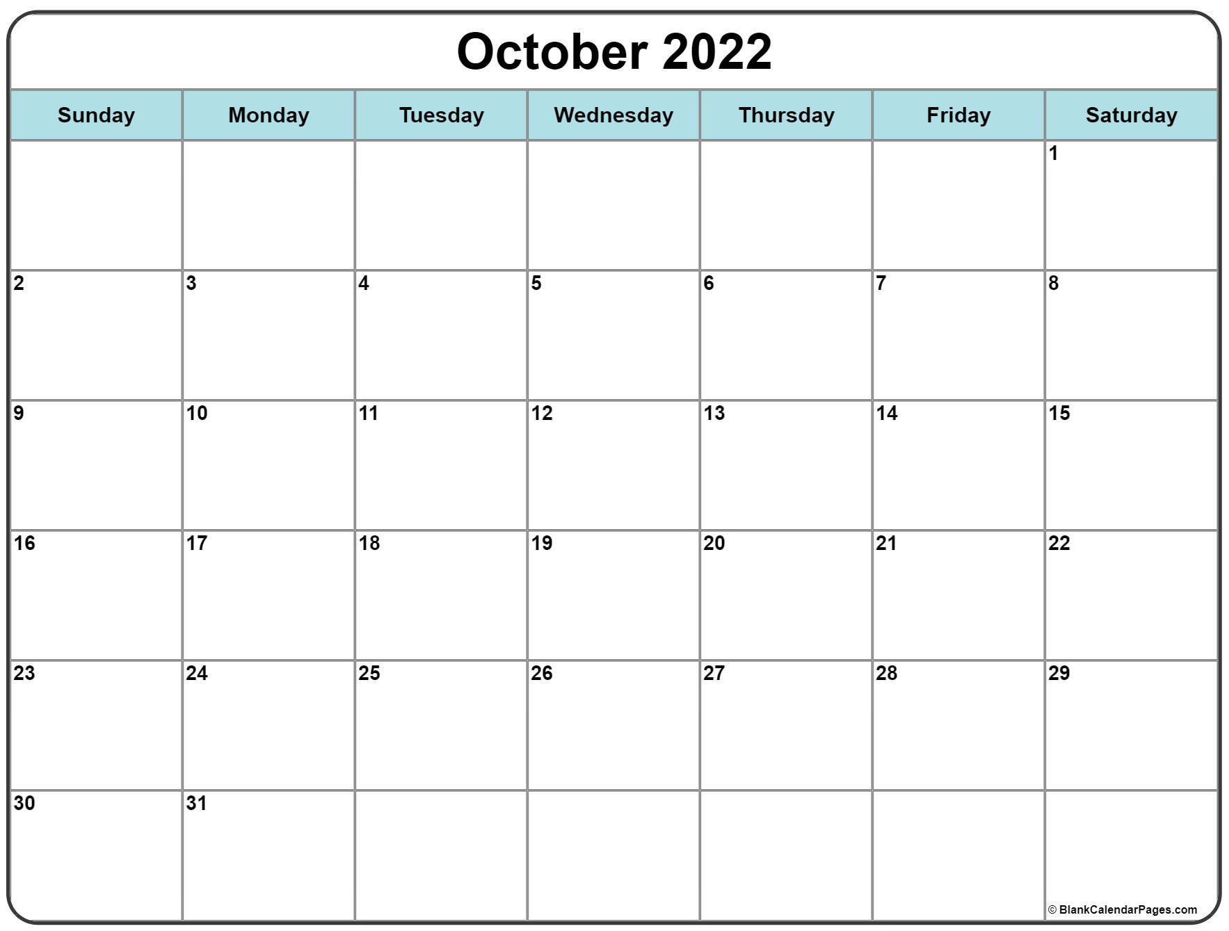 October 2022 Calendar | Free Printable Monthly Calendars