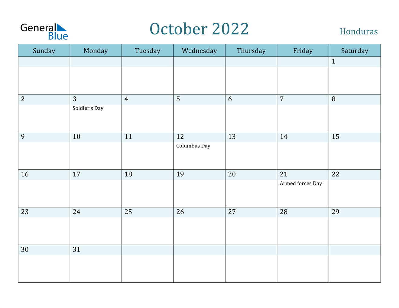 October 2022 Calendar - Honduras