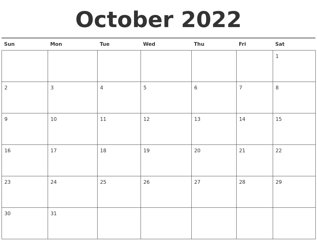 October 2022 Calendar Printable