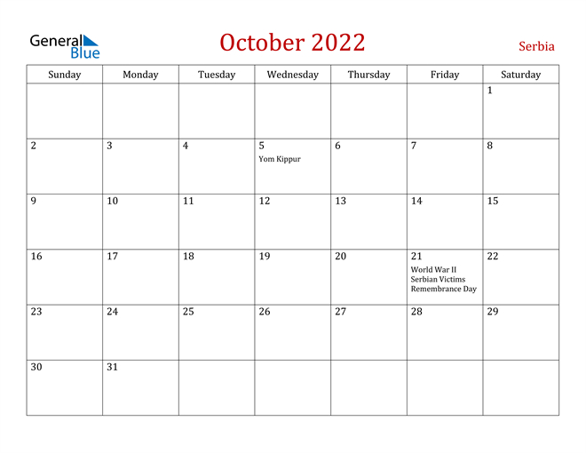 October 2022 Calendar - Serbia