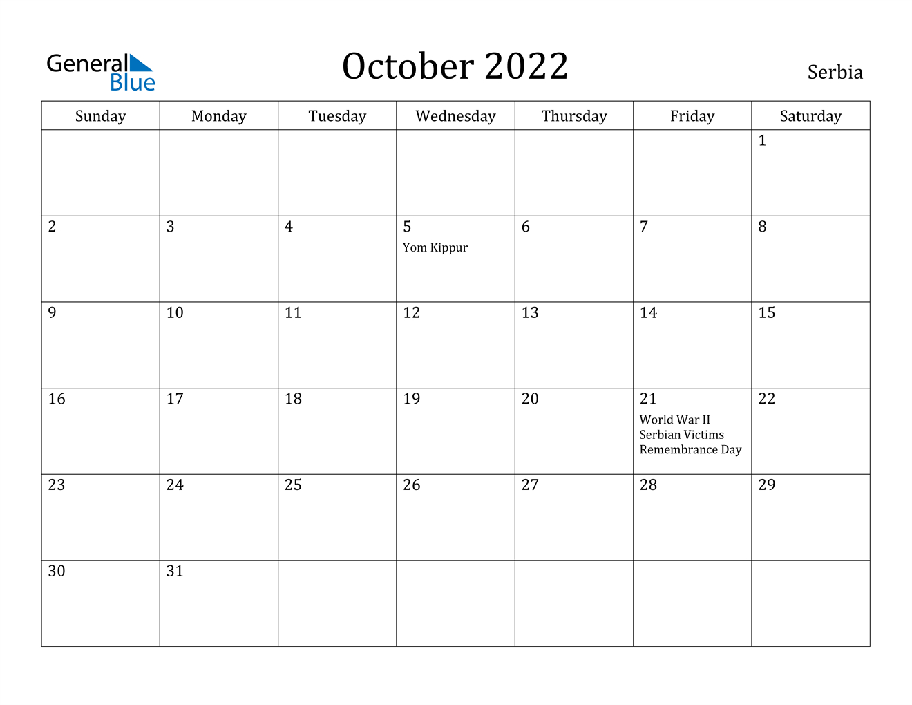 October 2022 Calendar - Serbia