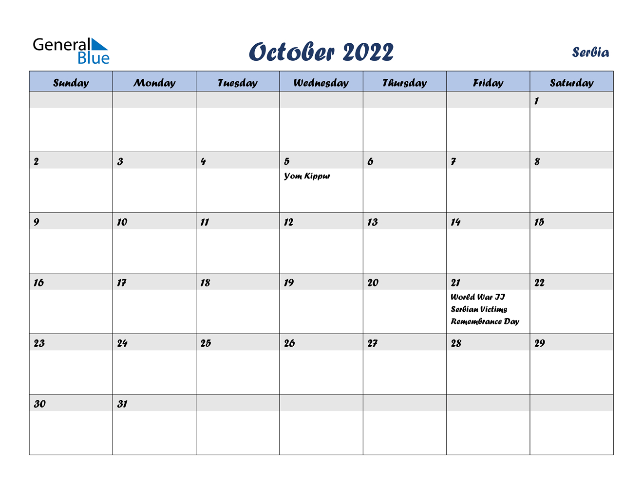 October 2022 Calendar - Serbia