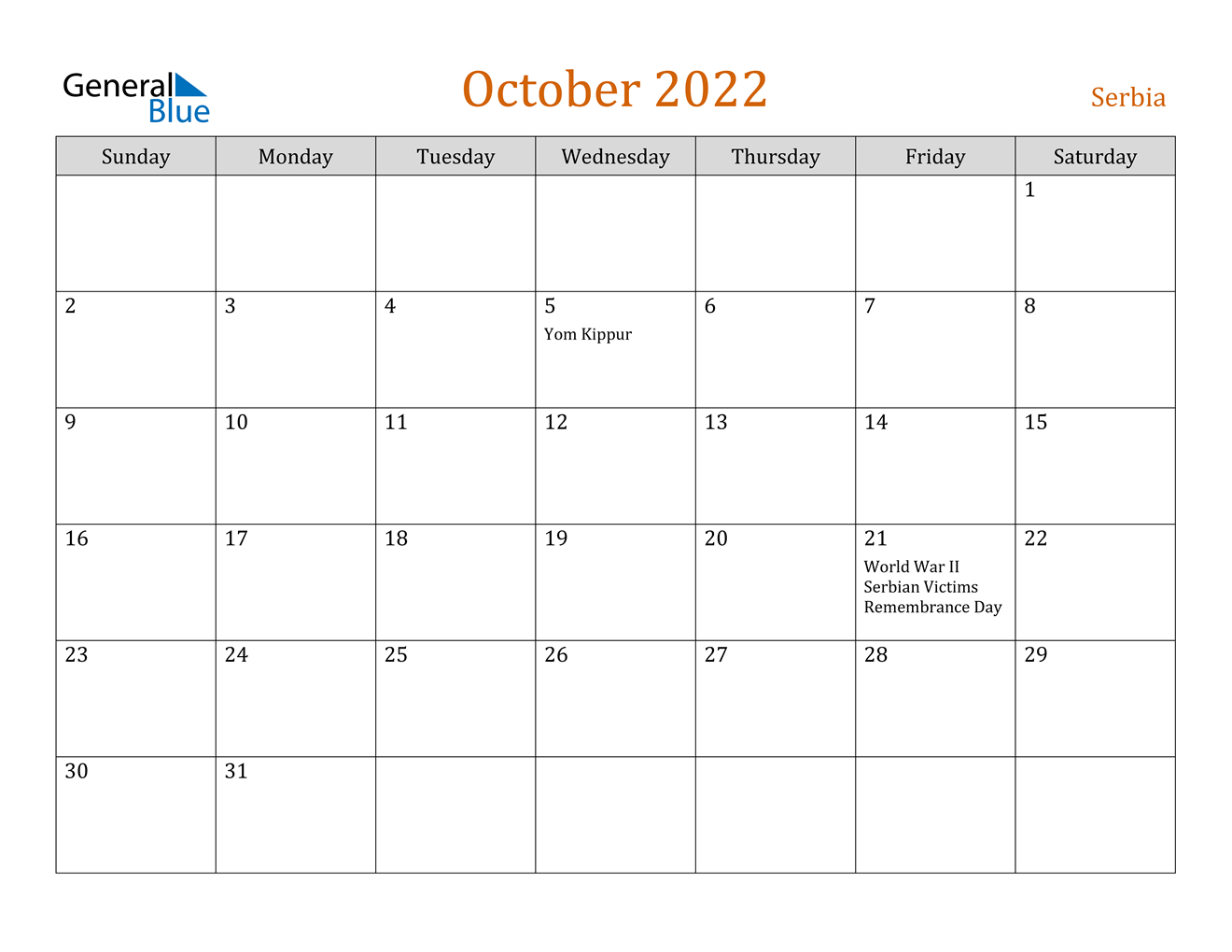 October 2022 Calendar - Serbia