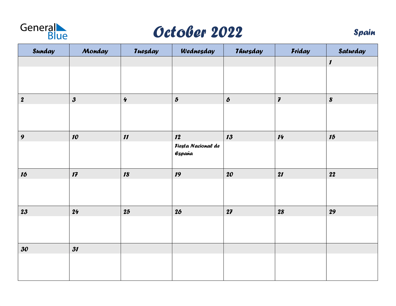 October 2022 Calendar - Spain
